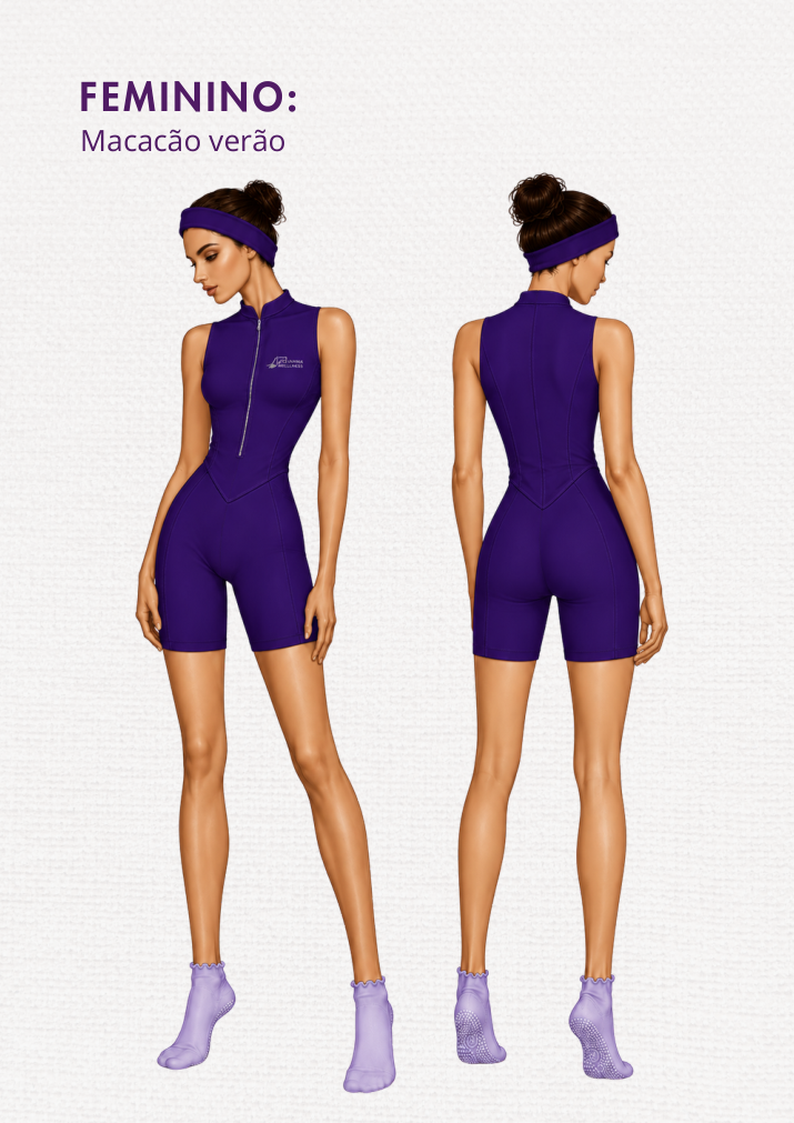 Macacão verão feminino da coleção Janaína Wellness, frente e costas
