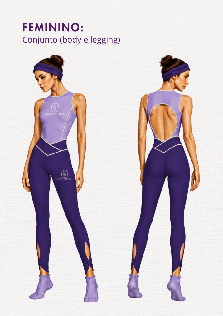 Conjunto body e legging feminino da coleção Janaína Wellness, frente e costas