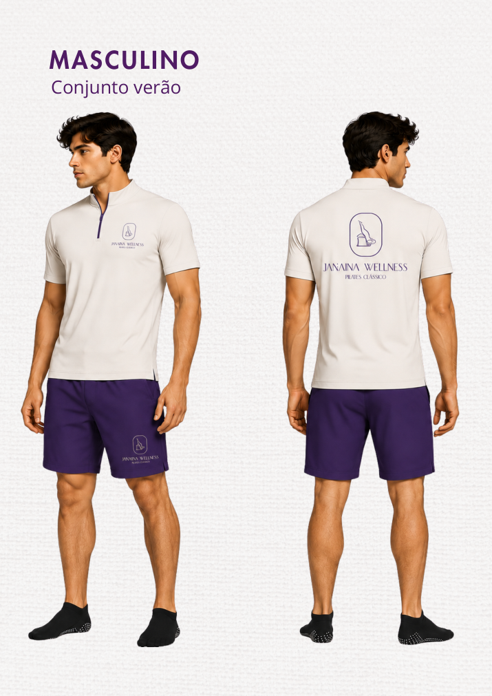 Conjunto verão masculino da coleção Janaína Wellness, frente e costas