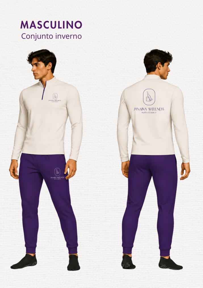 Conjunto inverno masculino da coleção Janaína Wellness, frente e costas