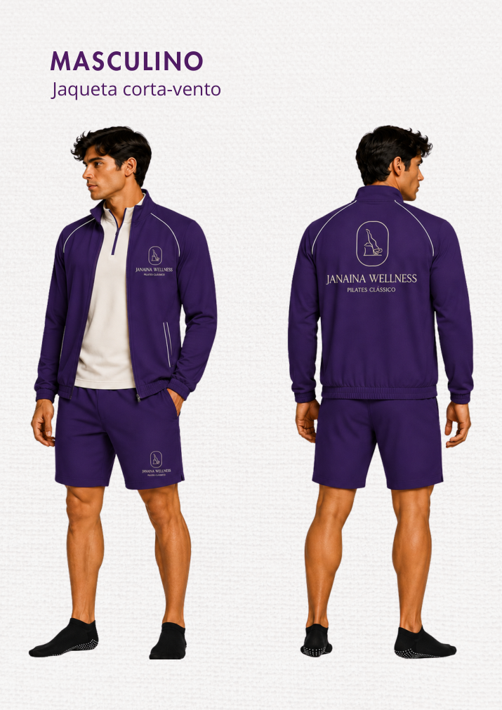 Jaqueta corta-vento masculina da coleção Janaína Wellness, frente e costas
